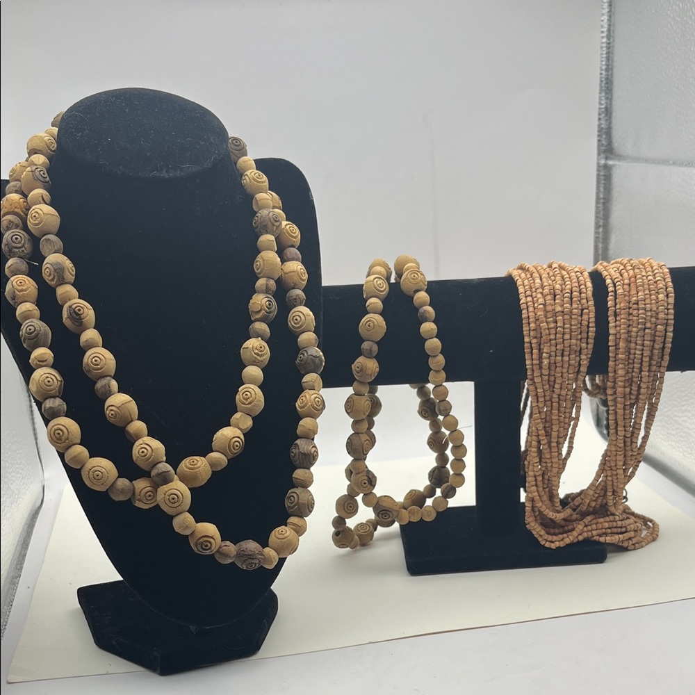 3 PC necklace lot wooden boho festival earthy fun hippie beads